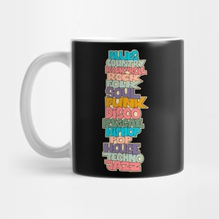 Soul, Funk, Disco, House and other Music Styles. typography Mug